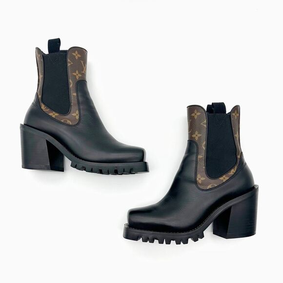 LOUIS VUITTON Limitless Chelsea Boot Size 37 US 7 Black Calfskin Monogram Heel - Picture 2 of 12